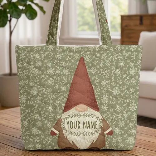 Personalized Name Gnome Red Hat Cream Beard Snowflakes Leaf Garland Christmas Carry Gift Quilted Tote Bag