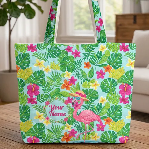 Flamingo Tropical Floral Personalized Name - Travel Essentials Quilted Tote Bag