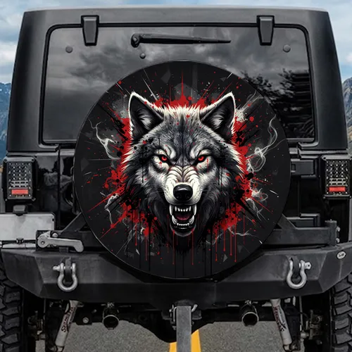 Snarling Wolf Head Red Eyes Paint Splatter - Urban Grunge Gift Spare Tire Cover