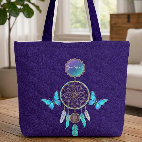 Ornate Golden Dreamcatcher Iridescent Butterfly Rose Floral Swirls Everyday Carry Gift Quilted Tote Bag