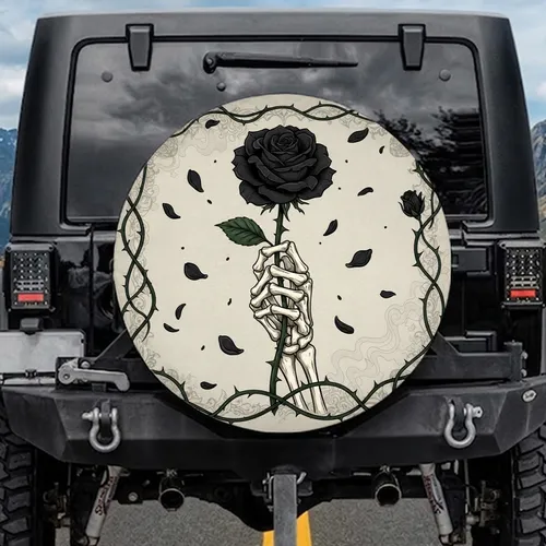 Skeletal Hand Grasping Black Rose Thorny Vines - Dark Fantasy Auto Lover Gift Spare Tire Cover