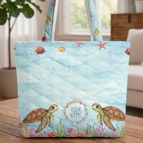 Sea Turtles Tropical Fish Coral Reef - Ocean Lover Everyday Carry Gift for Child Quilted Tote Bag