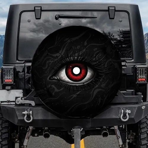 Large Red Eye White Pupil Spiky Eyelashes Dark Energy Flows Black Background - Vehicle Decor Gift Spare Tire Cover