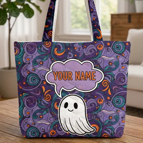 Whimsical Ghost Speech Bubble Personalized Stars Everyday Carry Gift Quilted Tote Bag