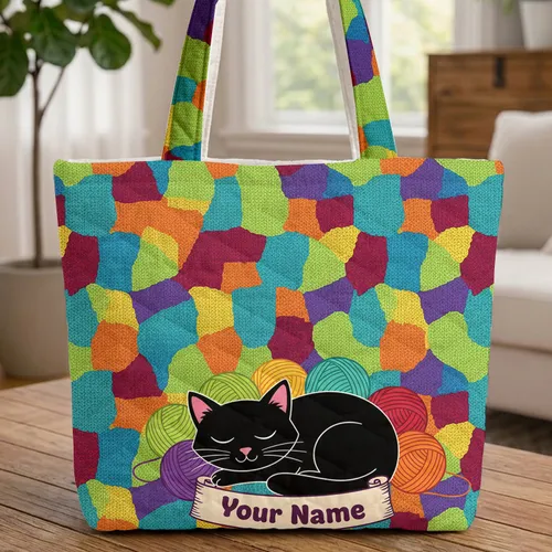 Relaxed Black Cat Yarn Balls Color Blocks Everyday Carry Gift for Cat Lover Quilted Tote Bag
