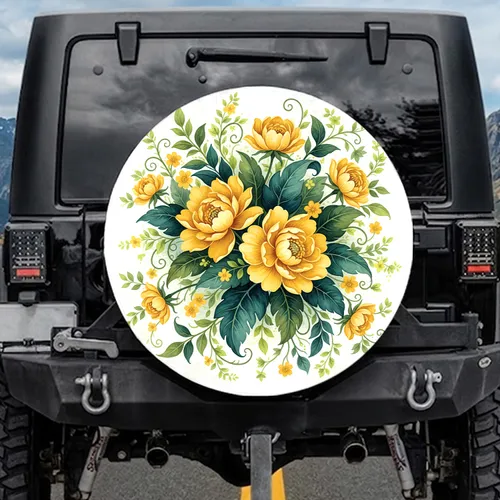 Multi-Petaled Yellow Flowers Teal Green Leaves Foliage Tendrils - Vehicle Accent Gift Spare Tire Cover