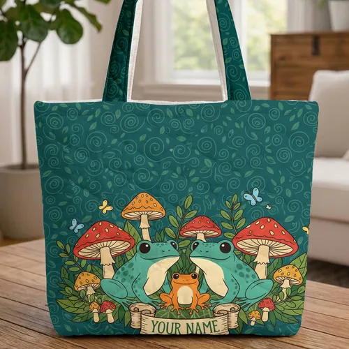 Orange Frog Blue Frogs Red Mushrooms Green Leaves Wood Scroll - Everyday Carry Gift Quilted Tote Bag