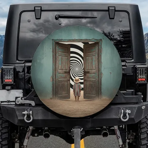 Child Rustic Wooden Door Black White Spiral Vortex - Surreal Car Decor Gift Spare Tire Cover