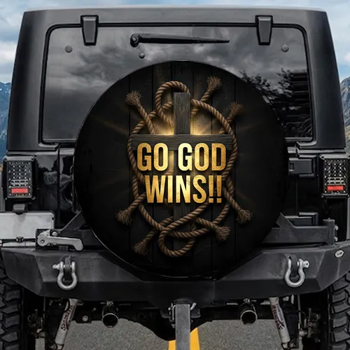 GO GOD WINS!! Golden Text Wooden Cross Rustic Rope - Faith Driven Vehicle Accessory Gift Spare Tire Cover