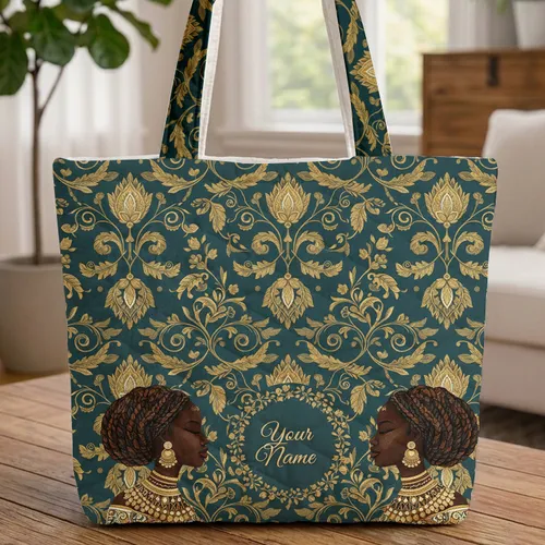 African Female Figures Golden Vines Personalized Name Floral Wreath - Everyday Carry Gift Quilted Tote Bag