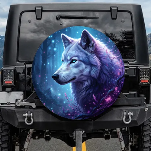 Wolf Head Turquoise Eyes Glowing Flora Indigo Forest - Wildlife Lover Gift Spare Tire Cover