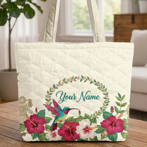 Hummingbird Hibiscus Floral Botanical - Wildlife Lover Everyday Carry Gift Quilted Tote Bag