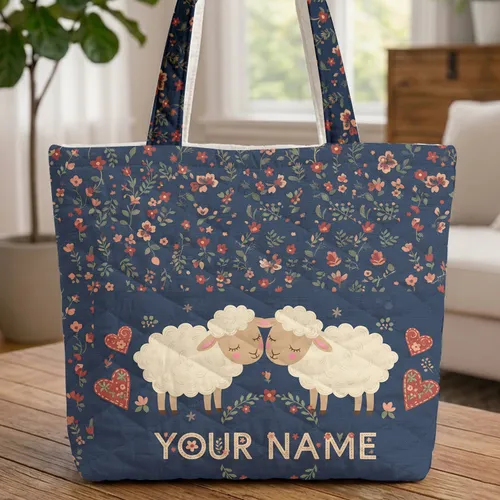 Blushing Sleepy Sheep Folk Art Floral Personalized Name Everyday Carry Gift for Kids Quilted Tote Bag