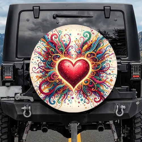 Vibrant Red Heart Gold Outline Dynamic Color Explosion Star Dot - Energetic Luminous Decor Spare Tire Cover