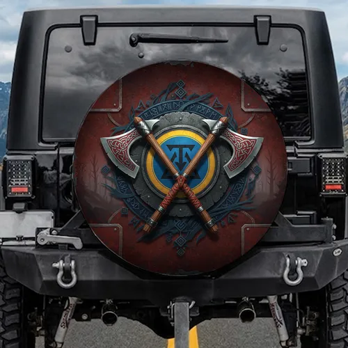Crossed Norse Battle Axes Runic Shield - Ancient Warrior Car Decor Gift Spare Tire Cover