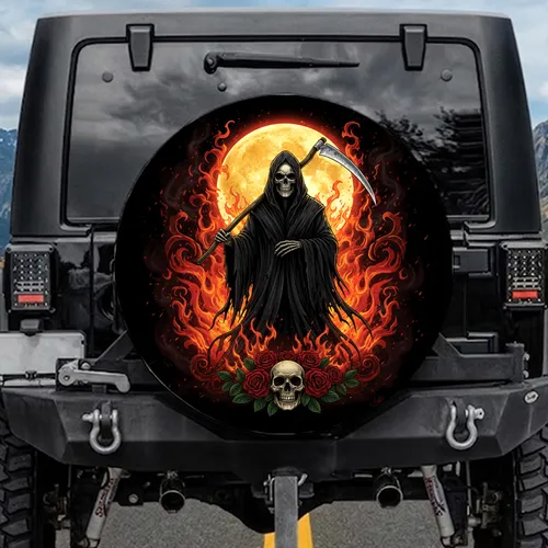 Grim Reaper Full Moon Skull Scythe Roses - Dark Fantasy Lover Gift Spare Tire Cover