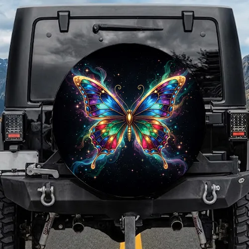Bioluminescent Butterfly Iridescent Wings Cosmic Nebula - Cosmic Decor Gift Spare Tire Cover