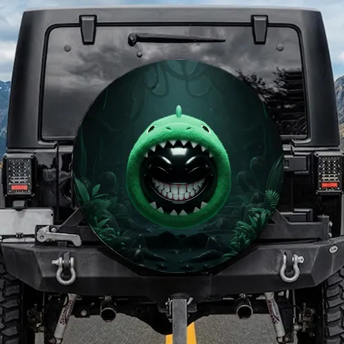 Green Dinosaur Hood Grinning Black Character Jungle Forest - Vehicle Accessory Gift Spare Tire Cover