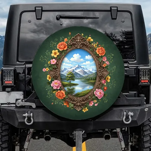 Snowy Mountain Lake Ornate Baroque Frame Wildflowers - Nature Lover Gift Spare Tire Cover