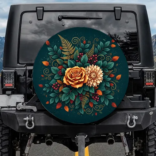 Rose Dahlia Botanical Fern Berries - Nature Lover Gift Spare Tire Cover