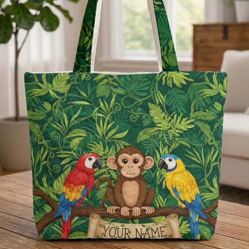 Jungle Monkeys Parrots Name Scroll Lush Foliage - Wildlife Lover Everyday Carry Gift Quilted Tote Bag