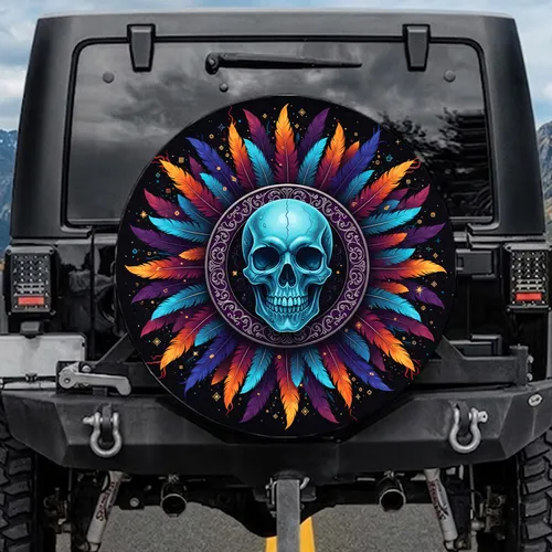 Human Skull Silver Accented Ornate Ring Radiant Feather Sunburst Car Decor Gift Spare Tire Cover