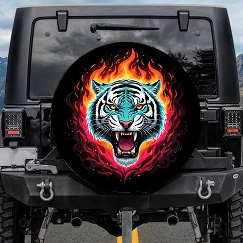 Vibrant Fierce Roaring Tiger Head Flames - Wildlife Lover Gift for Him Spare Tire Cover