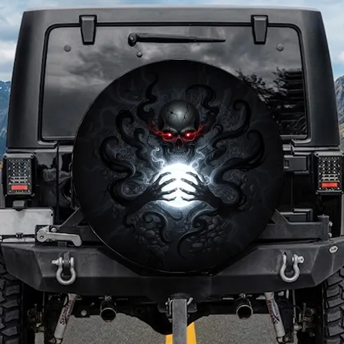 Cracked Skull Glowing Red Eyes Skeletal Hands Energy Orb Dark Smoke Arcane Symbols Ancient Ruins - Fantasy Lover Gift Spare Tire Cover
