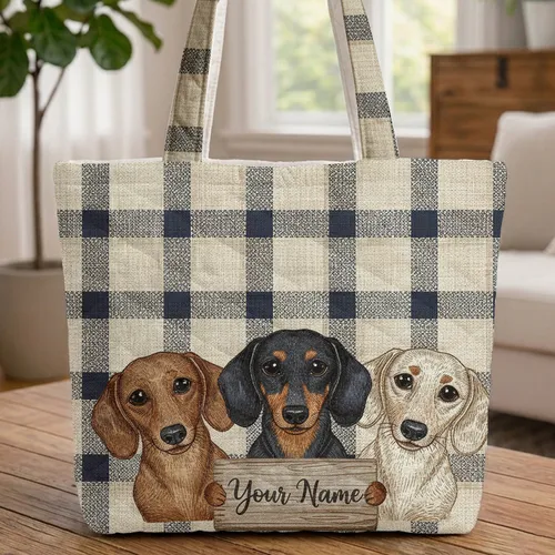 Dachshund Dogs Wooden Name Sign - Everyday Carry Gift for Dachshund Lovers Quilted Tote Bag