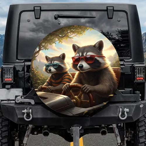 Raccoons Red Blue Sunglasses Steering Wheel - Adventure Lover Road Trip Gift Spare Tire Cover