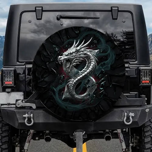 Silver Chrome Dragon Head Letter S with Dark Smoke - Fantasy Car Decor Gift for Enthusiasts Spare Tire Cover