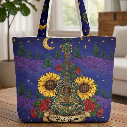 Night Sky Moon Pine Trees Ornate Guitar Sunflowers Roses - Everyday Carry Gift for Music Lover Quilted Tote Bag