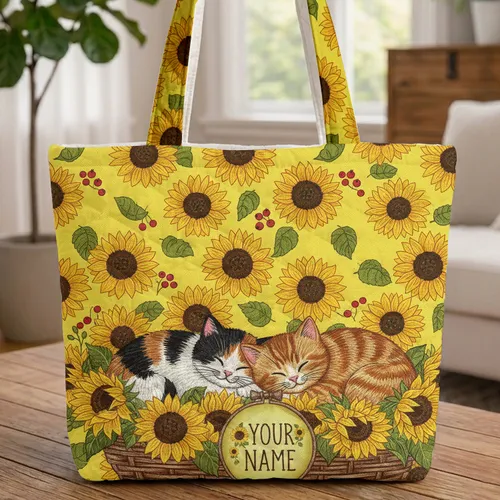 Sleeping Cats Sunflowers Basket - Everyday Carry Gift for Cat Lover Quilted Tote Bag