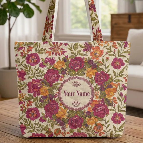 Ornate Wildflower Wreath Leaves Berries Name Sequins - Everyday Carry Gift Quilted Tote Bag