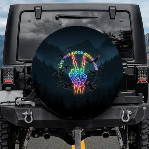 Glowing Skeletal Peace Hand Birds Bats - Road Trip Adventure Decor Spare Tire Cover