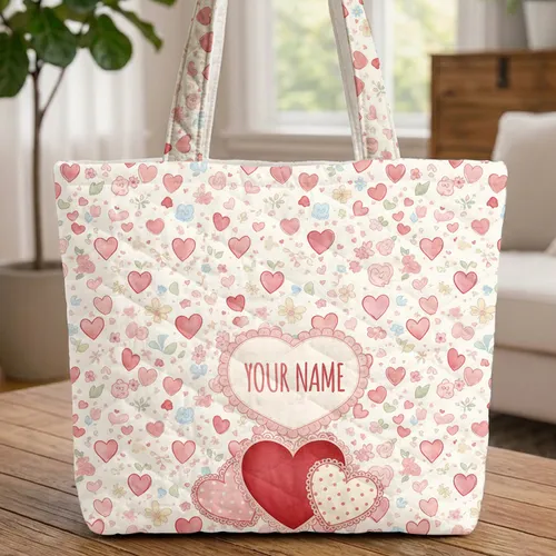 Personalized Heart Cartouche Ornate Hearts Flowers Leaves Bows Everyday Carry Gift Quilted Tote Bag