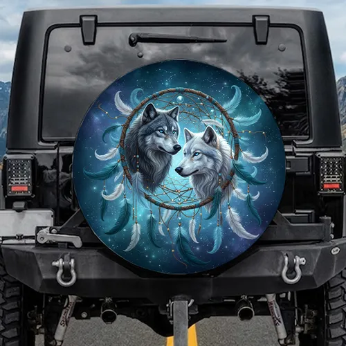 Wolf Heads Dreamcatcher Cosmic Night Sky - Wildlife Lover Gift Spare Tire Cover