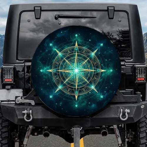 Luminous Celestial Compass Rose Mandala - Travel Essentials Gift for Explorer Spare Tire Cover