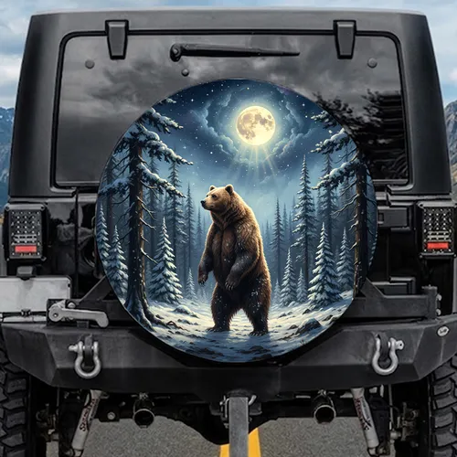 Grizzly Bear Snowy Forest Starry Night Full Moon - Wildlife Lover Gift Spare Tire Cover