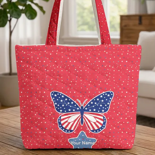 Patriotic Butterfly Stars Confetti - Fourth of July Everyday Carry Gift Quilted Tote Bag