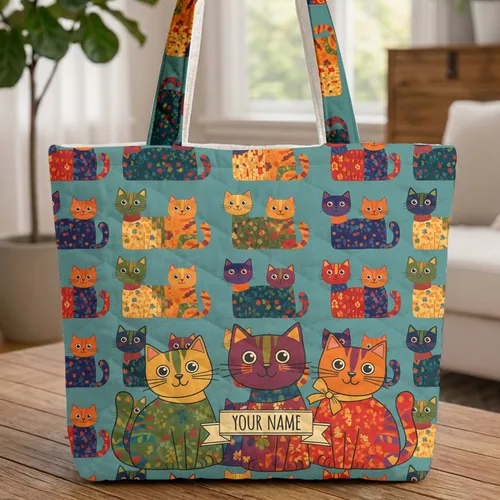 Teal Orange Three Folk Art Cats Name Ribbon - Everyday Carry Gift for Cat Lovers & Pet Owners Quilted Tote Bag
