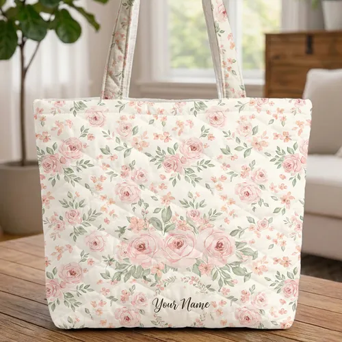 Blush Rose Peach Blossom Floral Wreath Personalized Stars - Everyday Carry Gift Quilted Tote Bag
