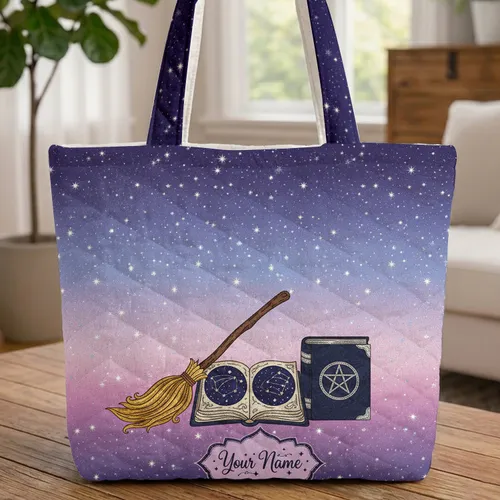 Magic Broomstick Spellbook Stars Personalized - Everyday Carry Magic Lover Gift Quilted Tote Bag