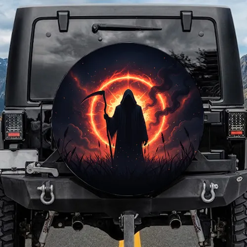Hooded Scythe Figure Glowing Celestial Orb - Cosmic Realm Car Decor Gift Spare Tire Cover