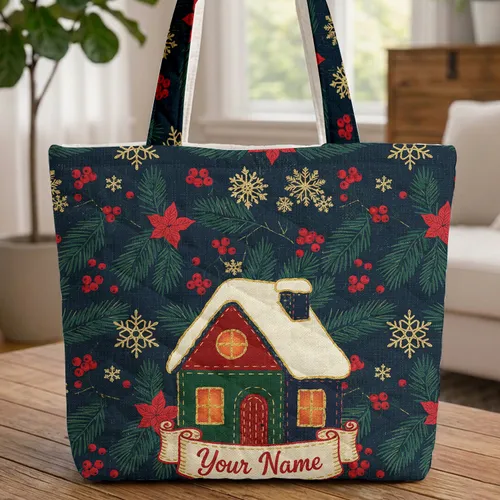 Christmas Cottage Gold Snowflake Pine Branch Red Berry Poinsettia - Christmas Gift Quilted Tote Bag