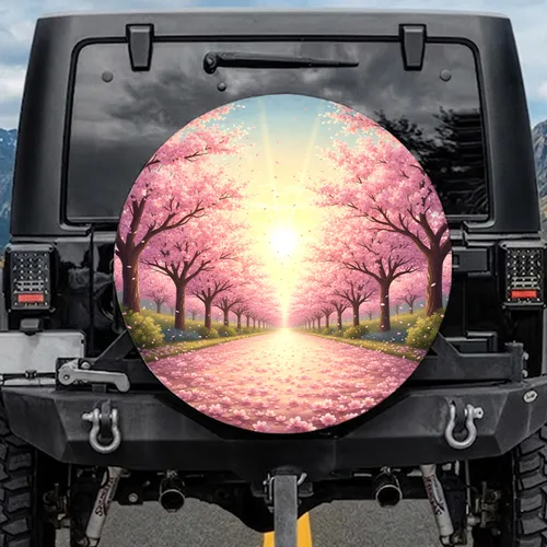 Fallen Petals Cherry Blossom Tunnel Avenue Sunburst - Spring Travel Essentials Spare Tire Cover