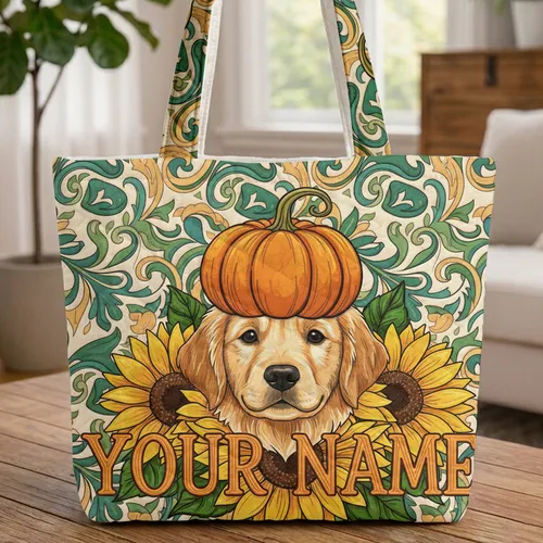 Golden Retriever Puppy Pumpkin Sunflowers - Fall Harvest Everyday Carry - Dog Lover Quilted Tote Bag