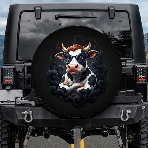 Stylized Holstein Cow Blue Glasses Golden Horns - Cow Lover Gift Spare Tire Cover