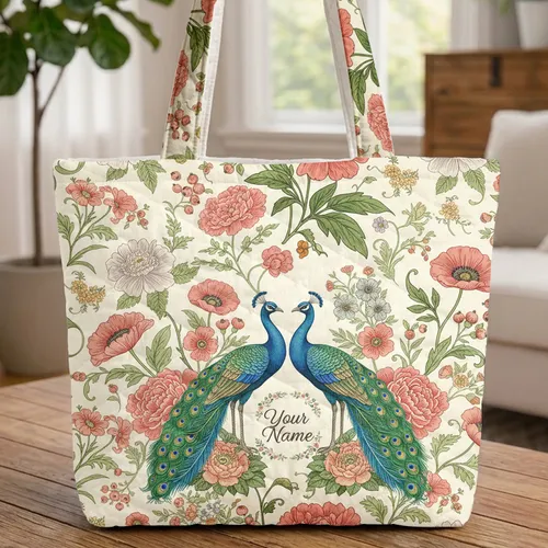Peacocks Peonies Poppies - Everyday Carry Gift for Bird Lover Quilted Tote Bag