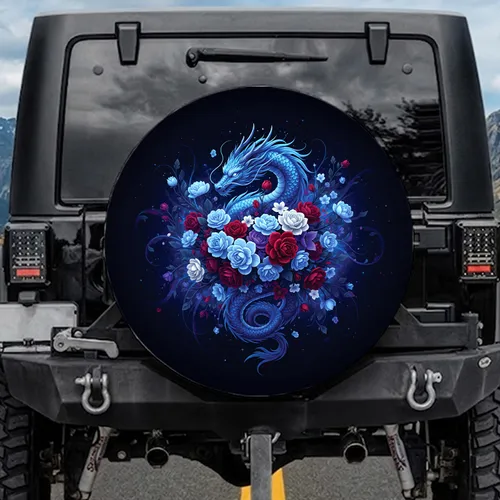Mythic Eastern Dragon Floral Blooms Fantasy Travel Decor Gift Spare Tire Cover